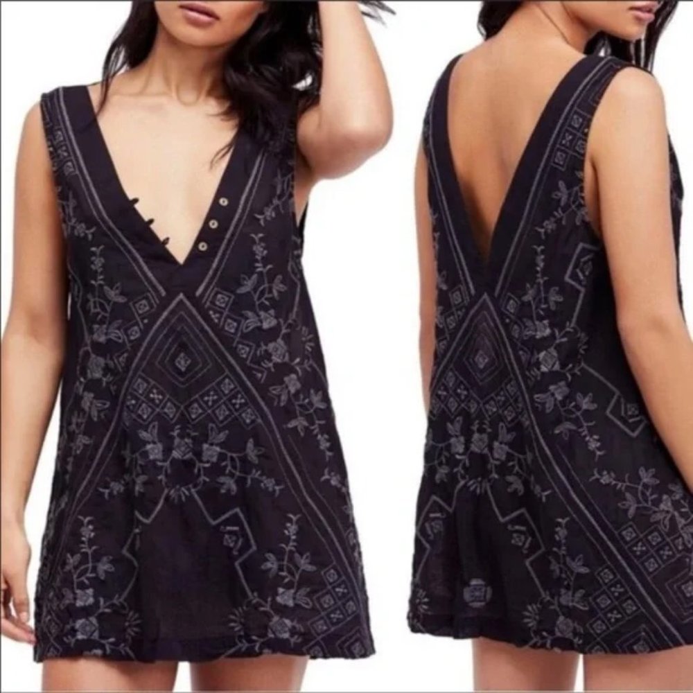 Free People V Neckline Pullover Dress Embroidered